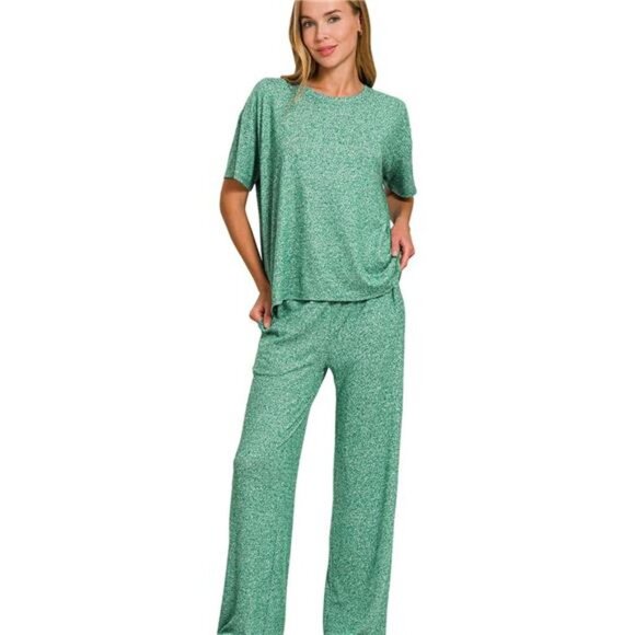 Zenana Soft Melange Short Sleeve Tee & Long Pants Set - Picture 1 of 3